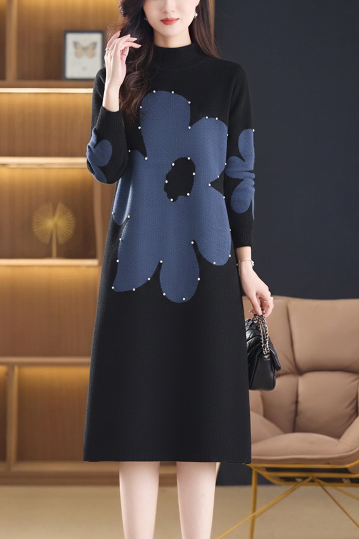 Women's Fashion Print Knit Pullover Sweater Midi Dress
