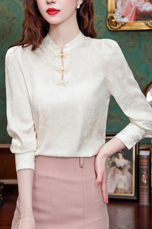Women's Silk Satin Mandarin Collar Long Sleeve Blouse Top - LAI MENG FIVE CATS