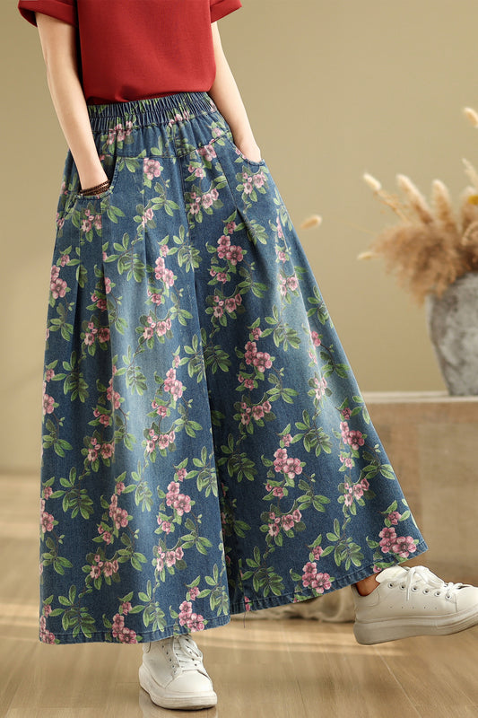 Women's Loose Elastic Waist Wide Leg Denim Pants