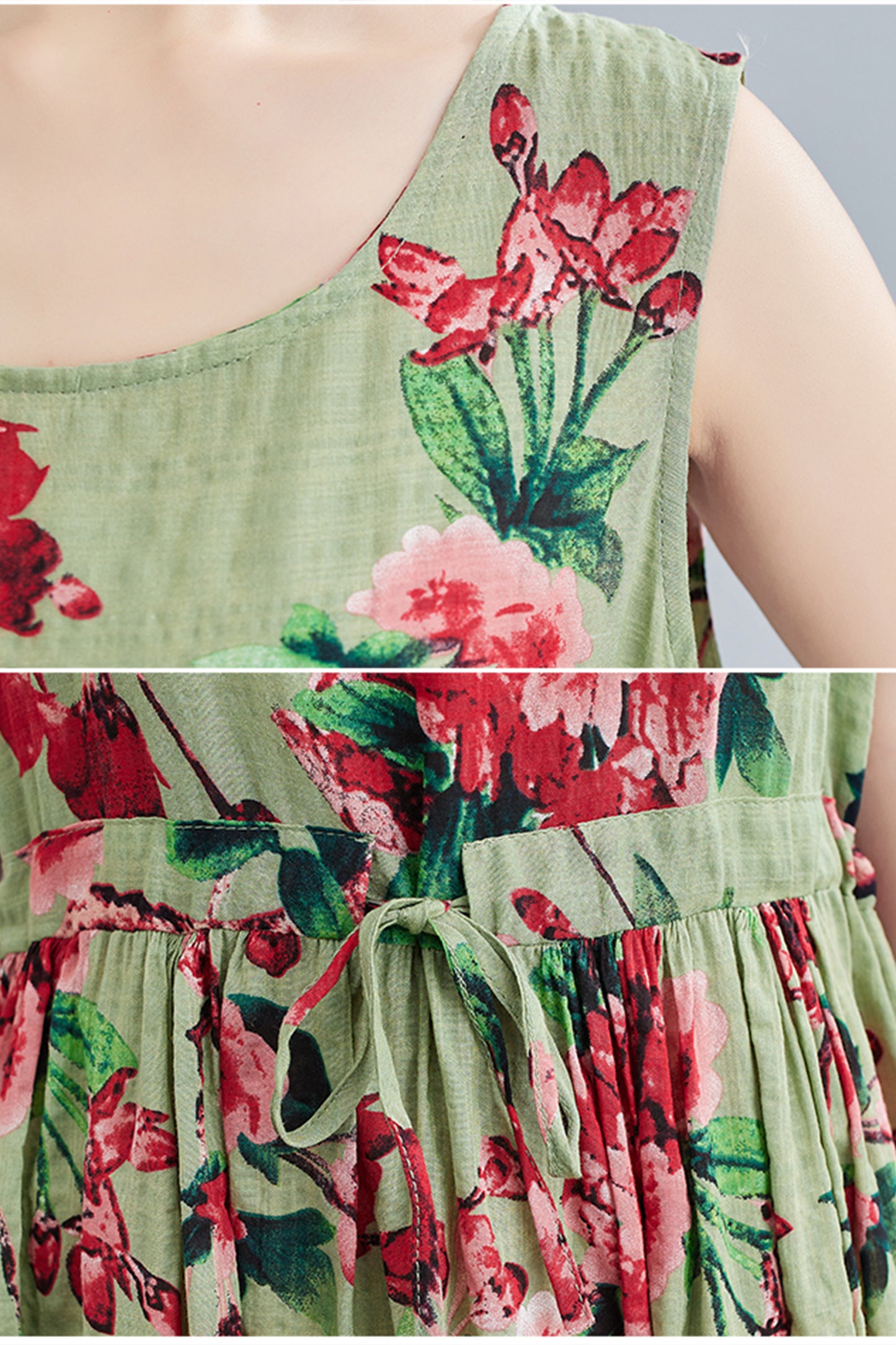 Green Floral Print Loose Strappy Dress with Pocket