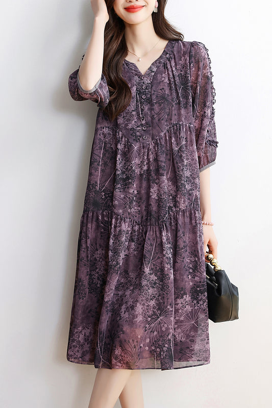 Women's 1/2 Sleeve Floral Print V-Neck Midi Dress