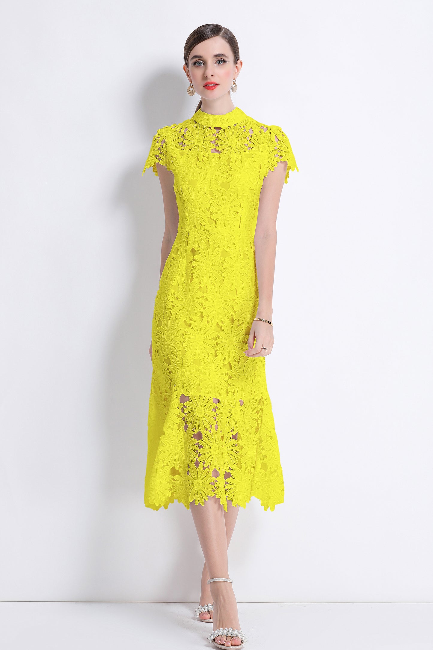 Women Hollow Out Lace Floral Fishtail Midi Dress