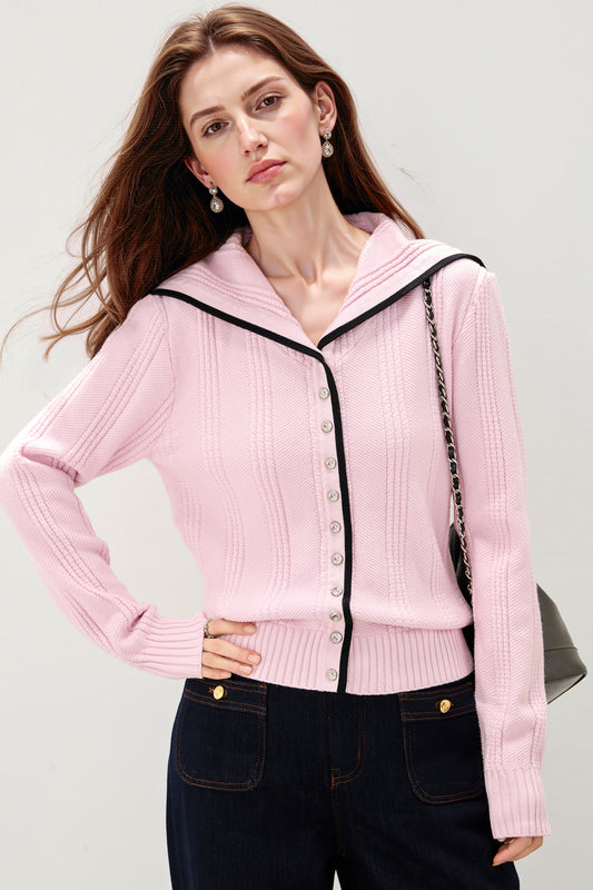 Women's Sailor Collar Long Sleeve Stripe Cardigan Sweater