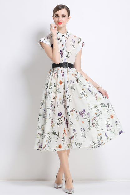 Women's Short Sleeves Collar Printed Buttons Midi Dress