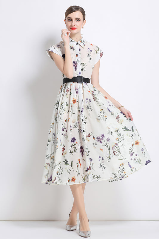 Women's Short Sleeves Collar Printed Buttons Midi Dress