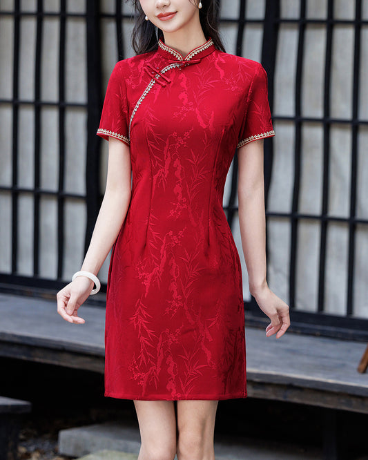 Women's Red Jacquard Cheongsam Mini Dress - Mandarin Collar Qipao Short Sleeve Chinese Dress
