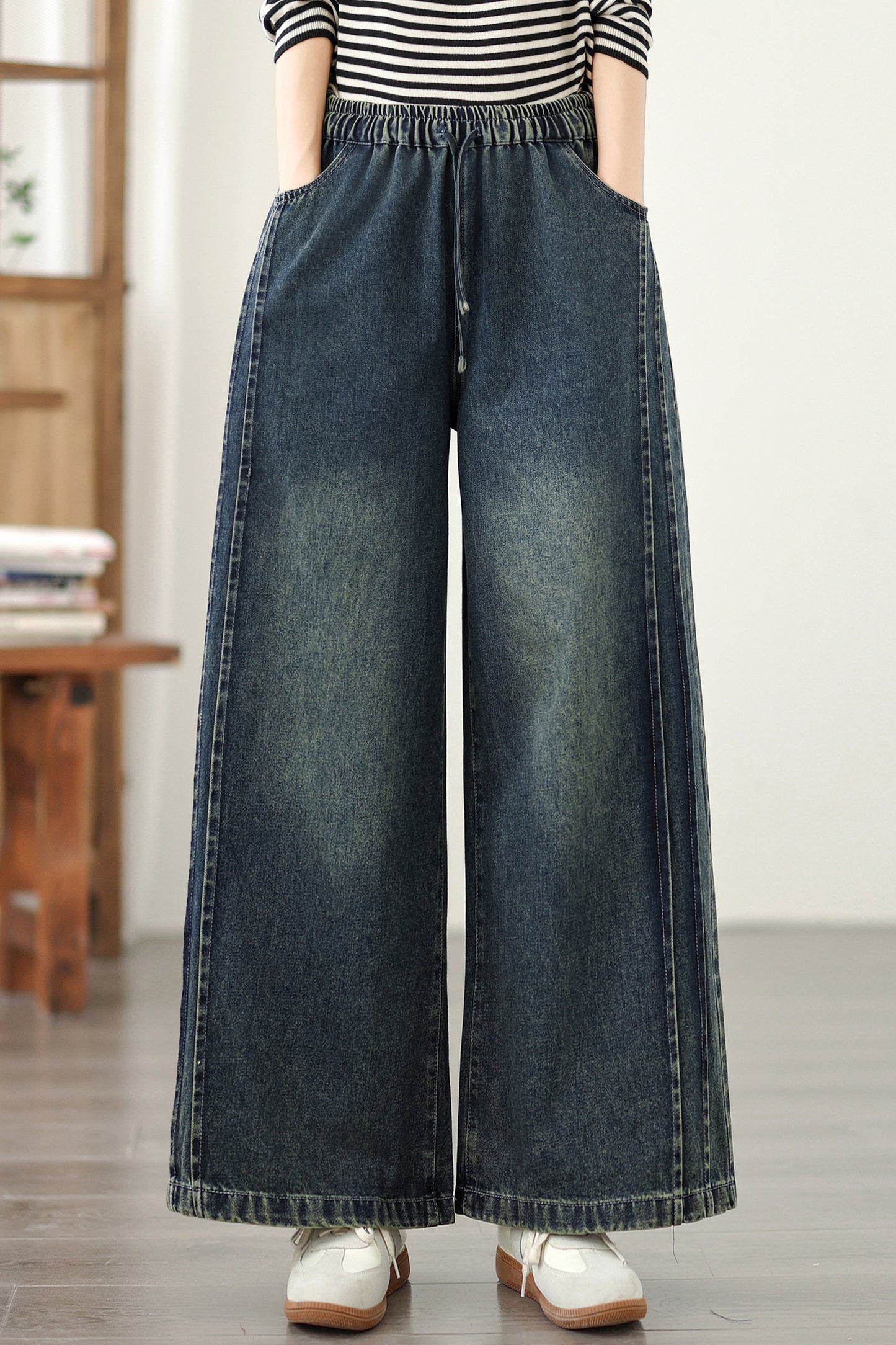 Jeans for Women Wide Leg Pull On Elastic Waist Denim - LAI MENG FIVE CATS