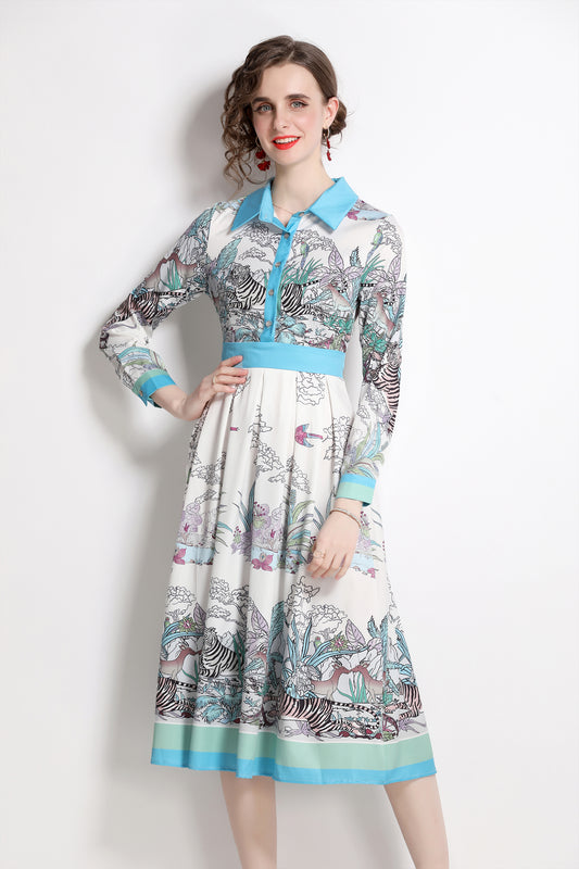 FSY-Women's 3/4 Sleeve Floral Print Button Midi Dress