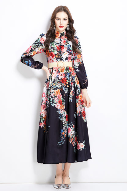 Women's Floral Print Lantern Sleeve Slit Maxi Dress