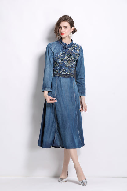 Women's vintage embroidered pocket denim midi dress