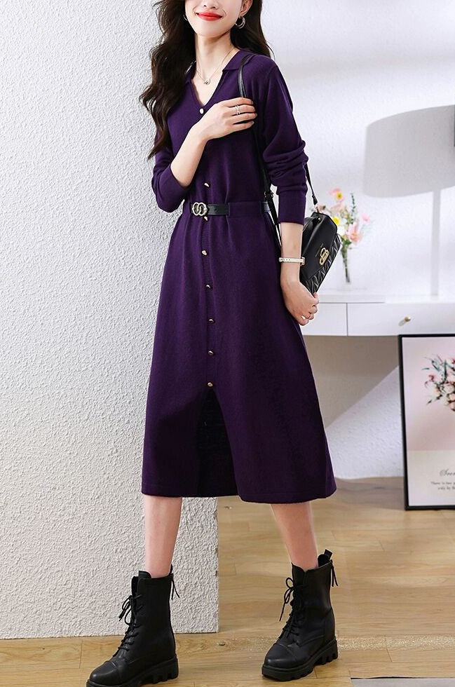 Elegant Lapel V-Neck Knit Midi Dress: Button Decoration & Belted Waist