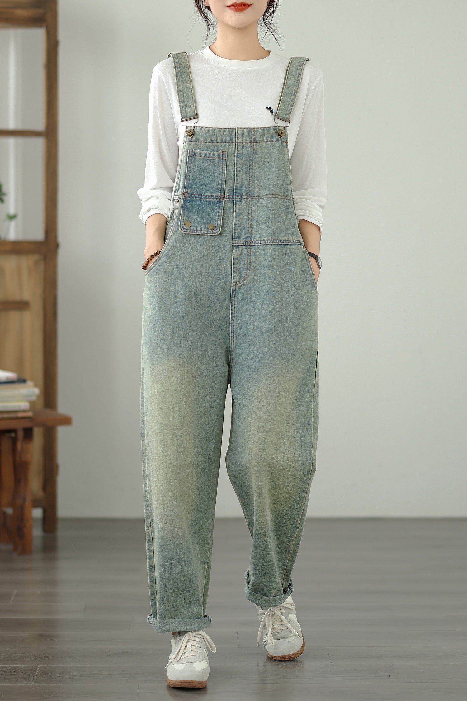 Womens Denim Bib Pants Jumpsuits Jeans Adjustable Strap Overalls - LAI MENG FIVE CATS