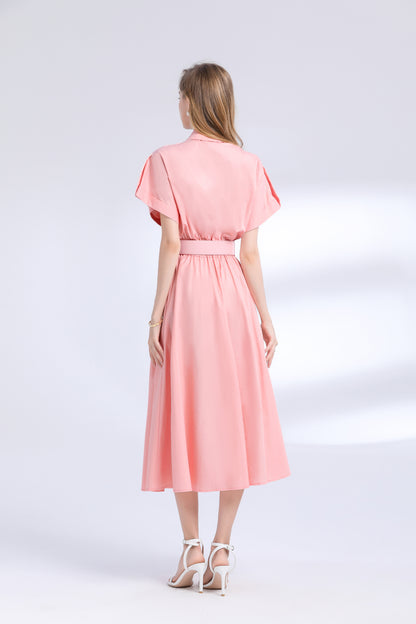 Women's Lace Collar Short Sleeves Pocket Midi Dress