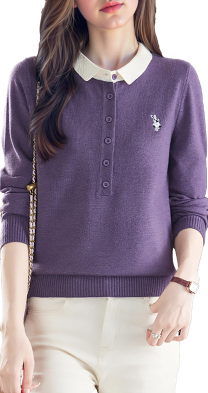 Polo Layered Knit Top with Bunny Embroidery & Contrast Collar