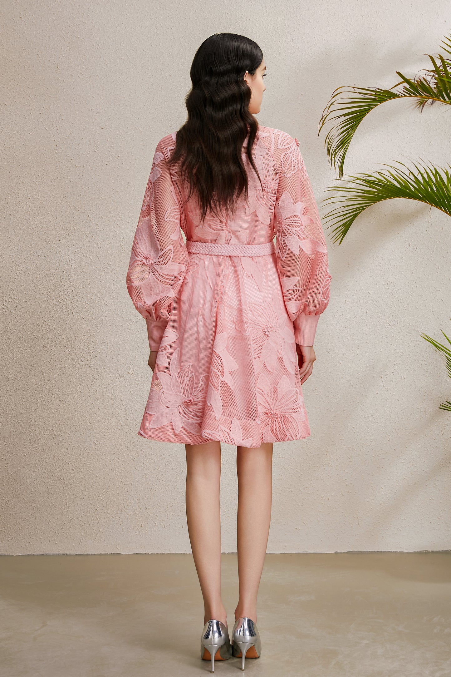 Women's Hollow Lace Floral Lantern Sleeve Mini Dress