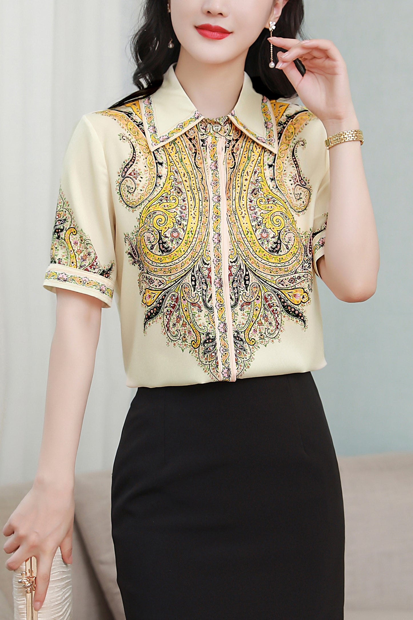 Women's Collared Floral Print Blouse Short Sleeve Tops