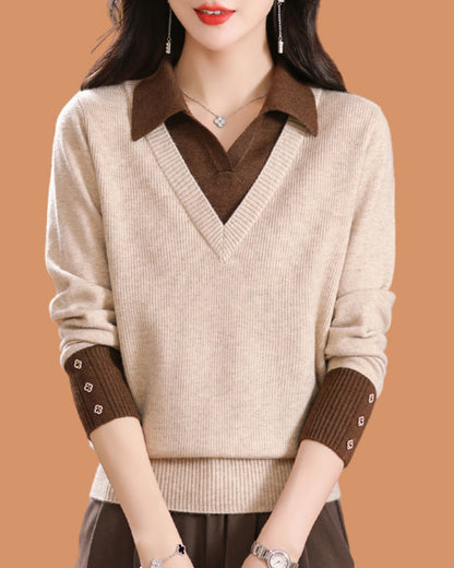 Elegant Layered Knit Sweater with Polo Collar Long Sleeve Knit Pullover - LAI MENG FIVE CATS