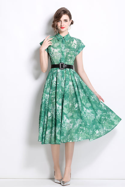Women's Short Sleeves Collar Printed Buttons Midi Dress