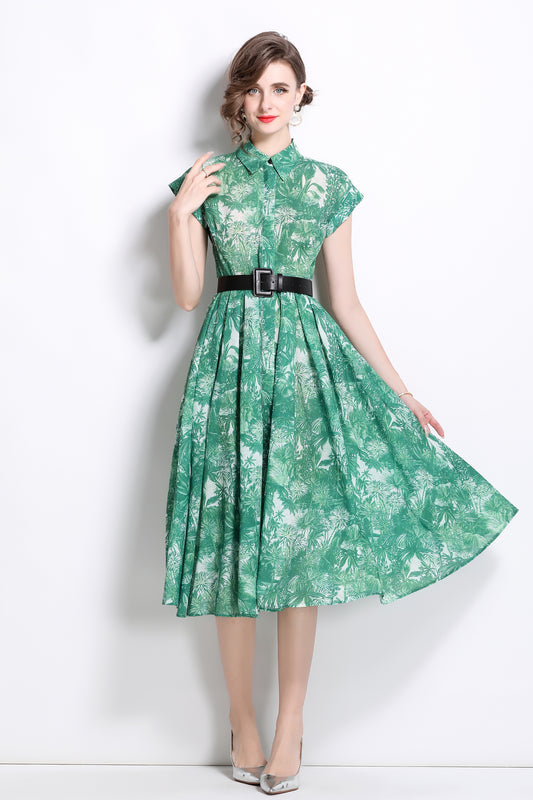 Women's Short Sleeves Collar Printed Buttons Midi Dress