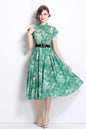 Women's Short Sleeves Collar Printed Buttons Midi Dress
