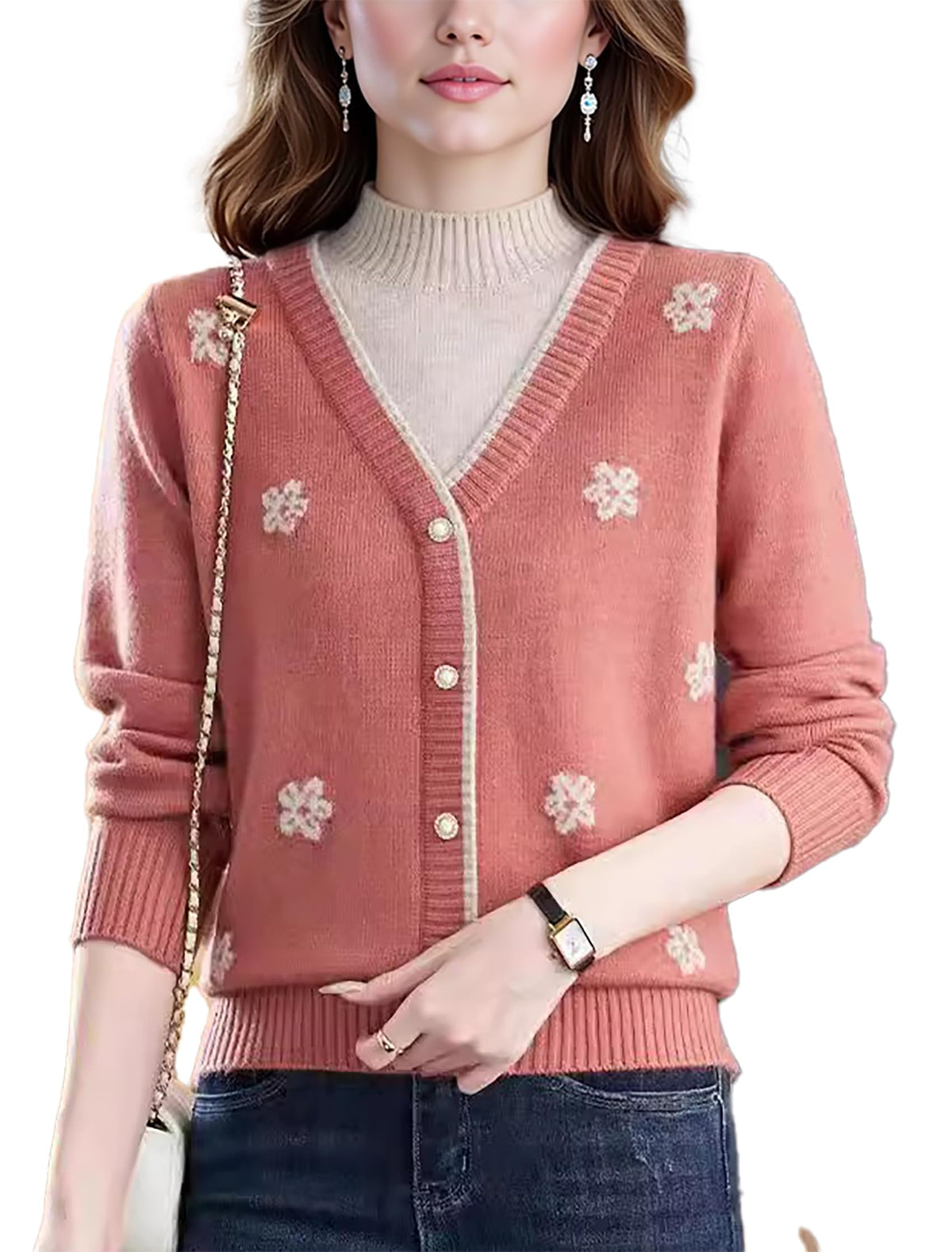 Floral Embroidered V-Neck Knit Sweater Pullover Top Fall Layered