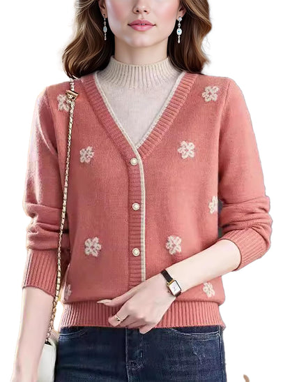 Floral Embroidered V-Neck Knit Sweater Pullover Top Fall Layered
