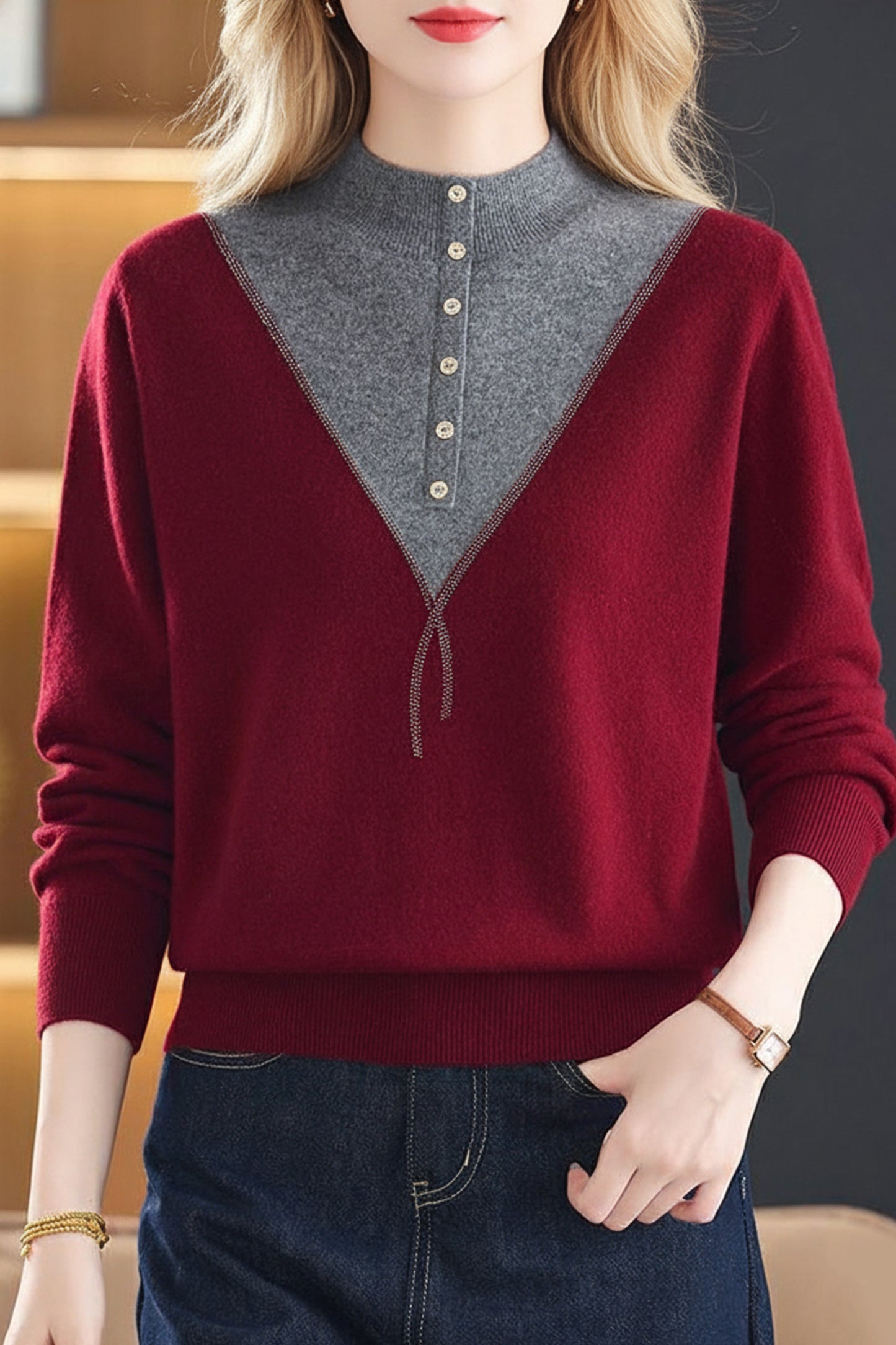 Women's Mock Neck Ribbed Sweaters Knit Patchwork Tops