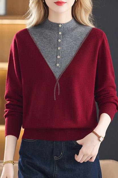 Women's Mock Neck Ribbed Sweaters Knit Patchwork Tops