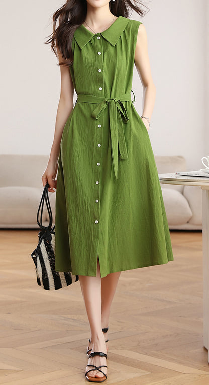 Green Sleeveless Button Front Belted Midi Dress with Pockets
