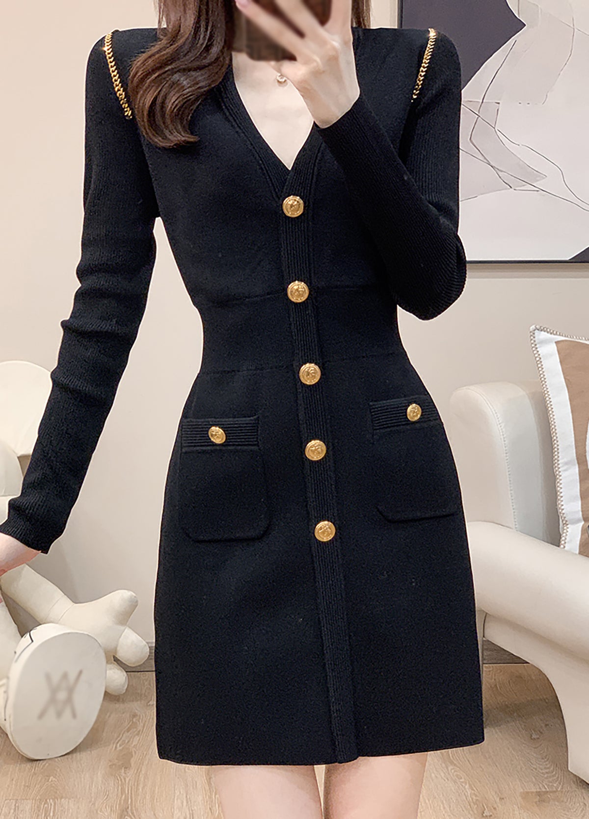 28702 Black Gold Button Knit Mini Dress with Chain Detail