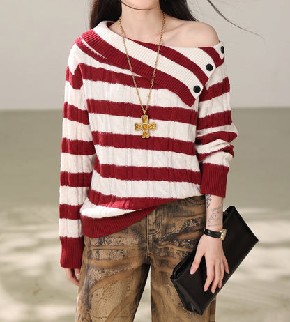 28684 Red & White Off-Shoulder Striped Knit Sweater