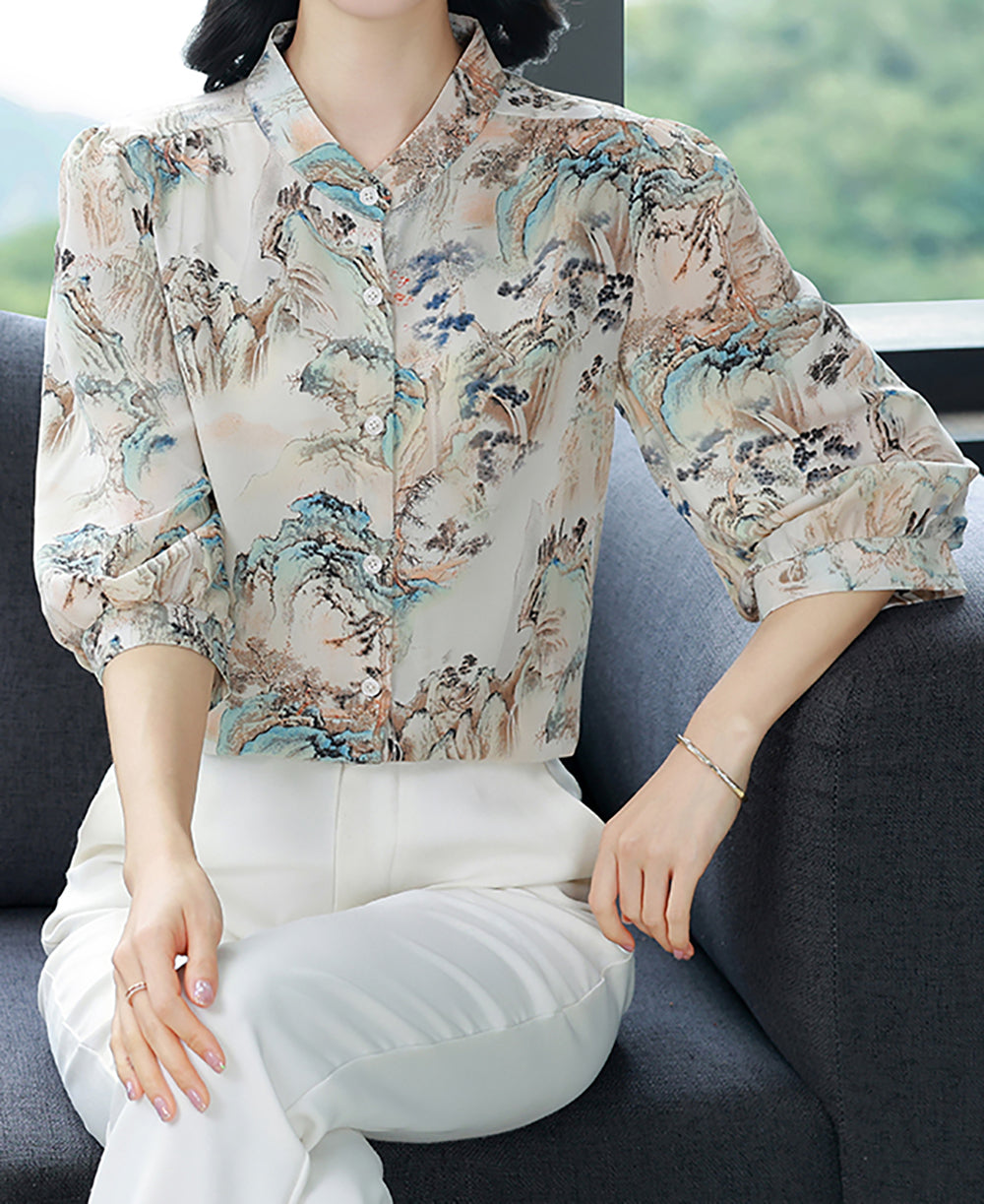 Landscape Print Mandarin Collar Blouse – Airy Luxe Summer Shirt