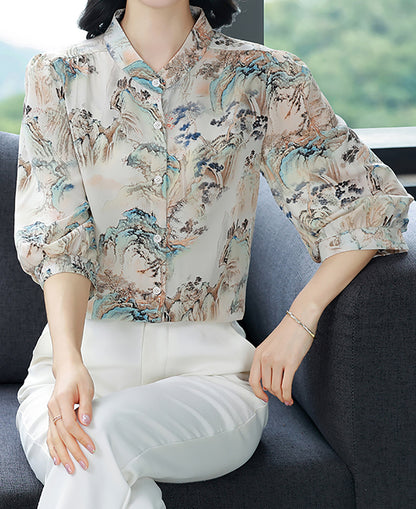 Landscape Print Mandarin Collar Blouse – Airy Luxe Summer Shirt