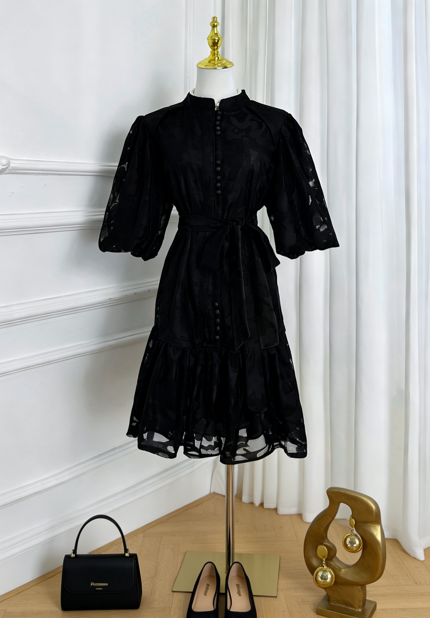 Black Romantic Puff Sleeve Mini Dress
