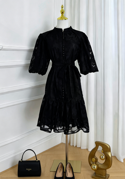 Black Romantic Puff Sleeve Mini Dress