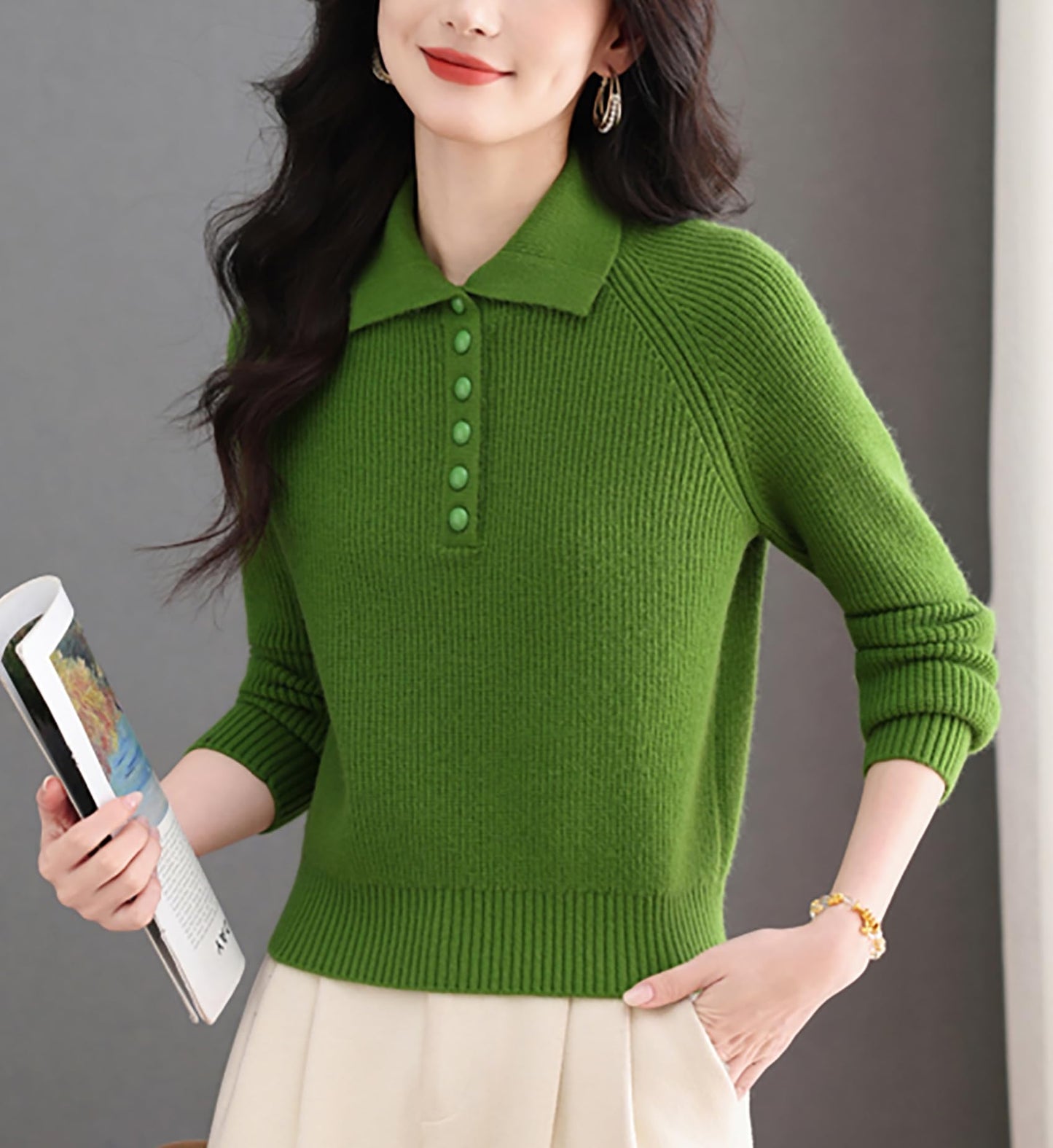 Women's Ribbed Knit Polo Top — Soft Button-Front Sweater