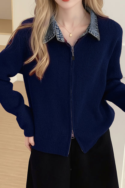 Women's Zip Up Cardigan Sweater Denim Polo Knit Tops