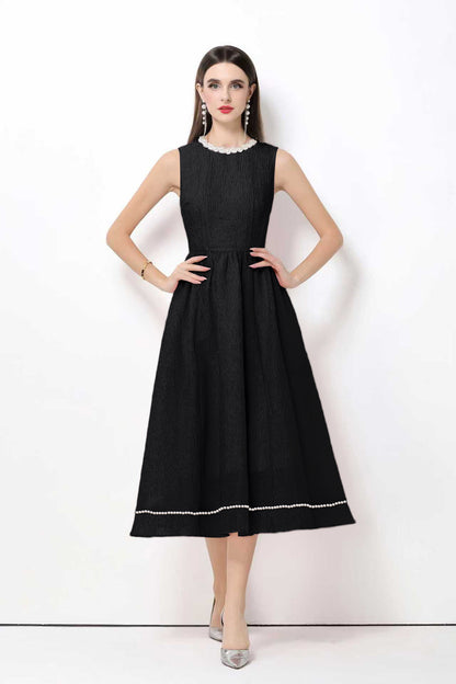 Elegant Pearl Trim A-Line Midi Dress - LAI MENG FIVE CATS