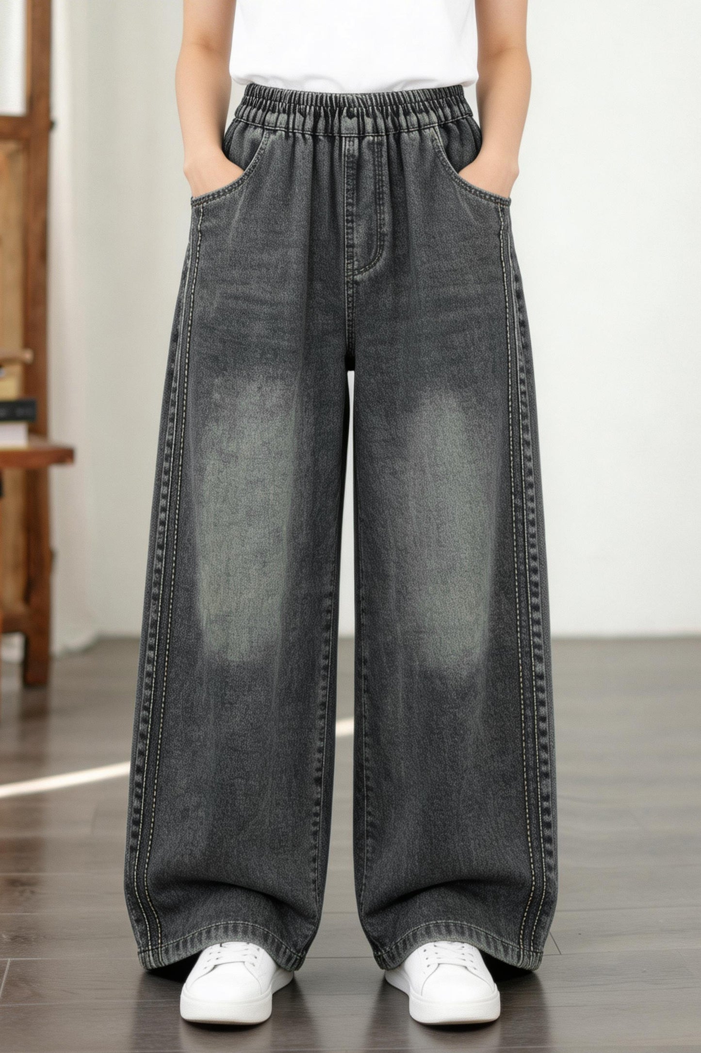 26-Women's Baggy Jeans Elastic Waist Loose Denim Pants