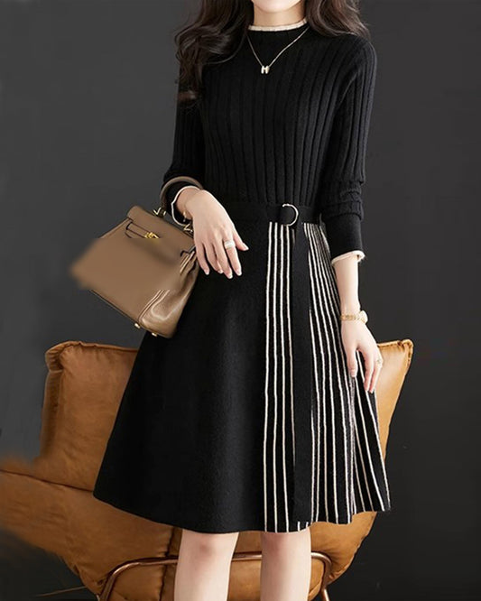 Elegant Knit Midi Dress: Half-High Collar & Asymmetrical Pleated Design