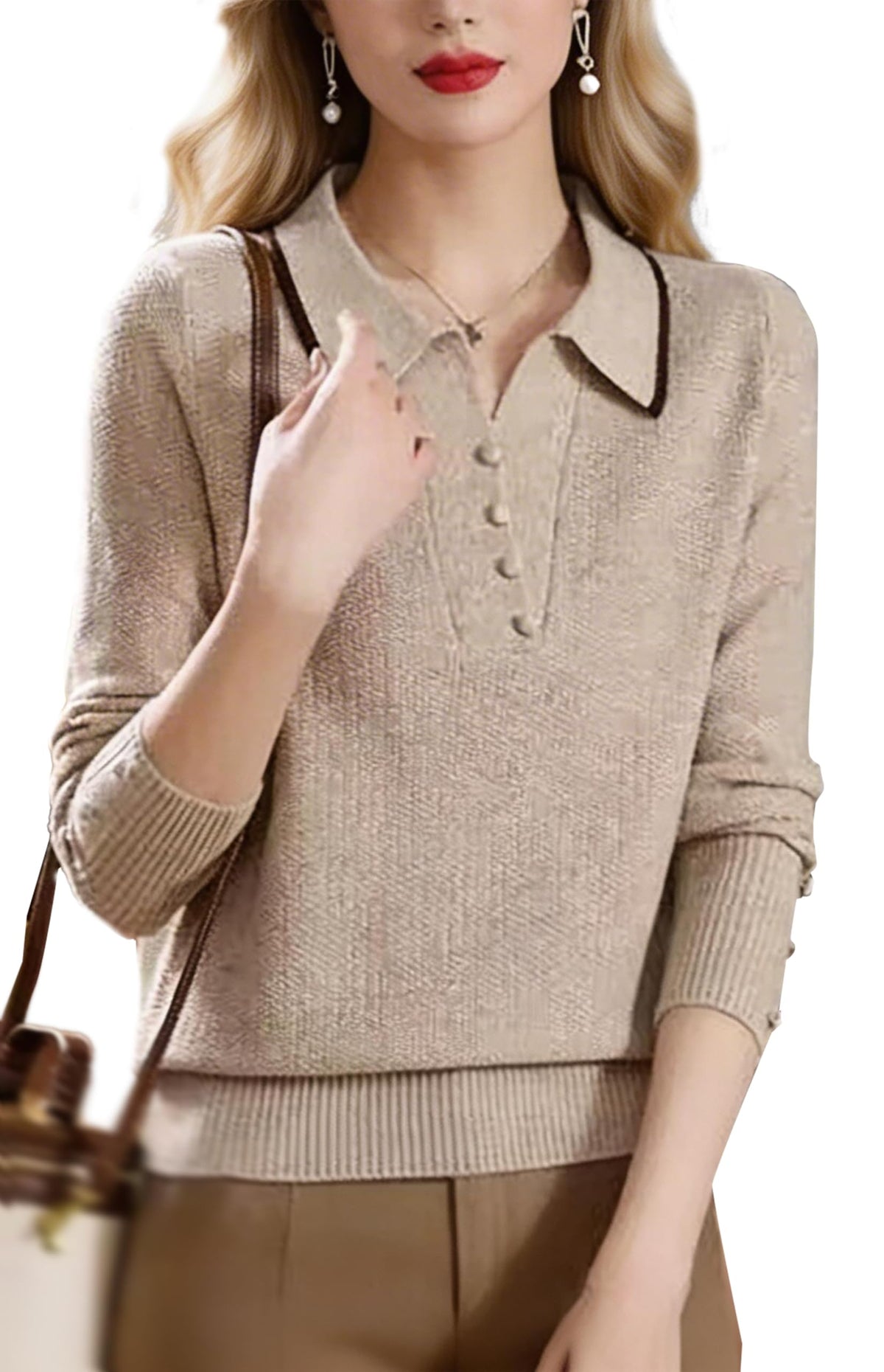 Fine-Knit Polo Top with Contrast Collar & Layered Look Sweater