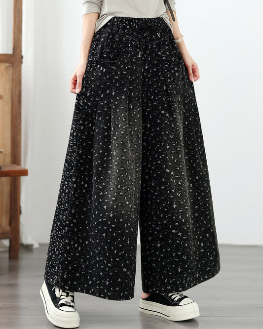 Effortless Chic High-Waist Floral Denim Wide-Leg Trousers - LAI MENG FIVE CATS