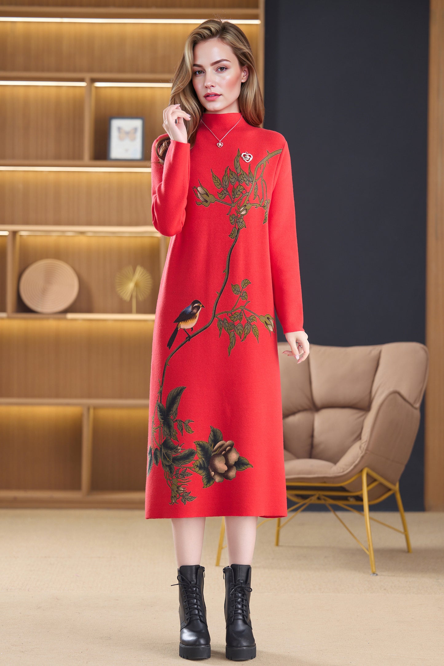 Women's Turtleneck Sweater Long Sleeve Red Dress