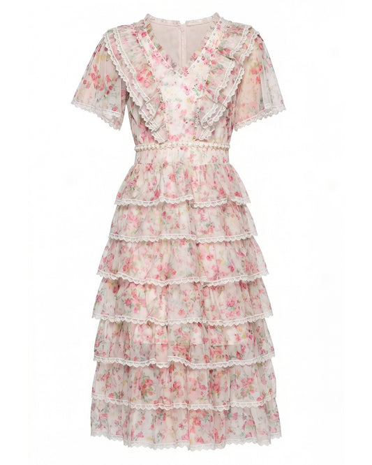 Romantic Floral Lace Trim Midi Dress