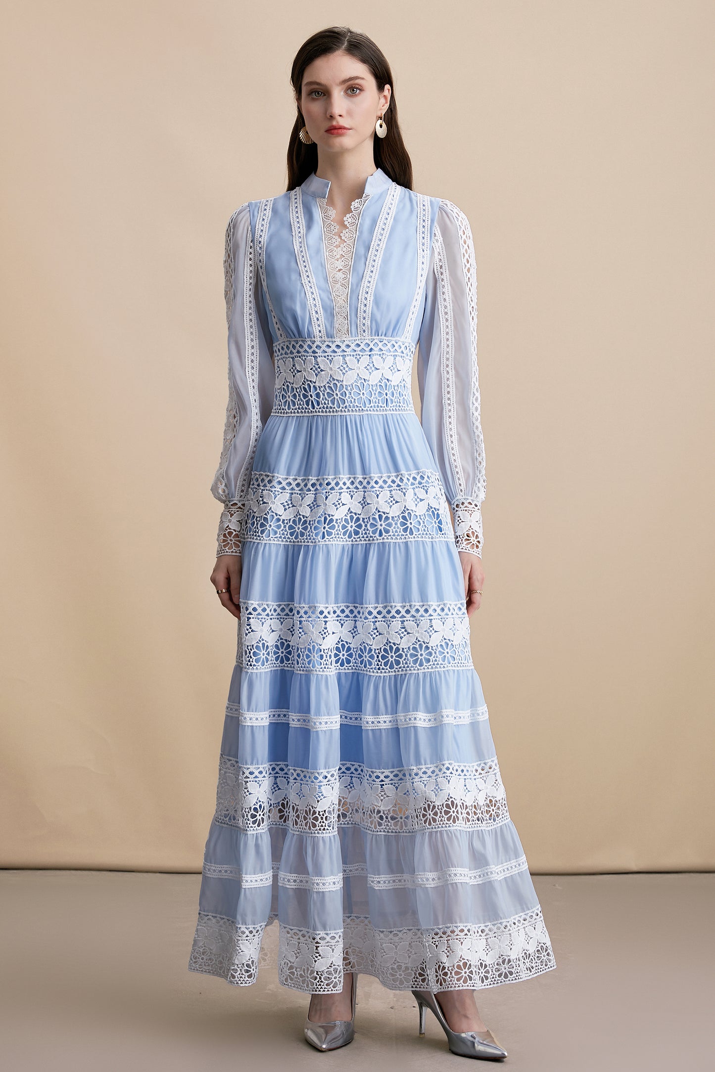Women's V-Neck Smocked Lace Tiered Maxi Dress