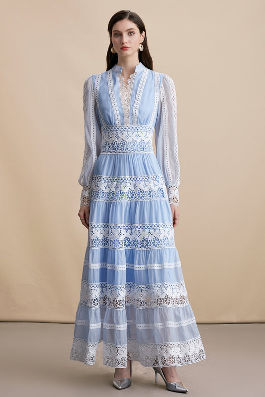 Women's V-Neck Smocked Lace Tiered Maxi Dress
