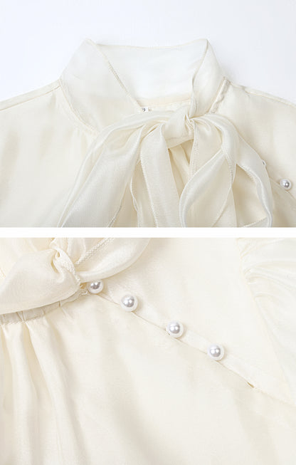 Elegant Bow Tie Pearl Accent Blouse
