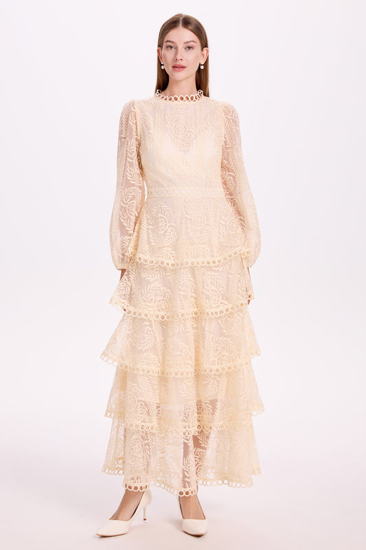 Women's Mesh Embroidery Ruffle Tiered Layered Maxi Dress
