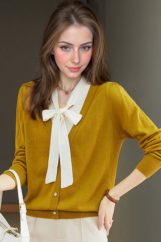 Women's Color Block Tie Neck Knit Top Sweater