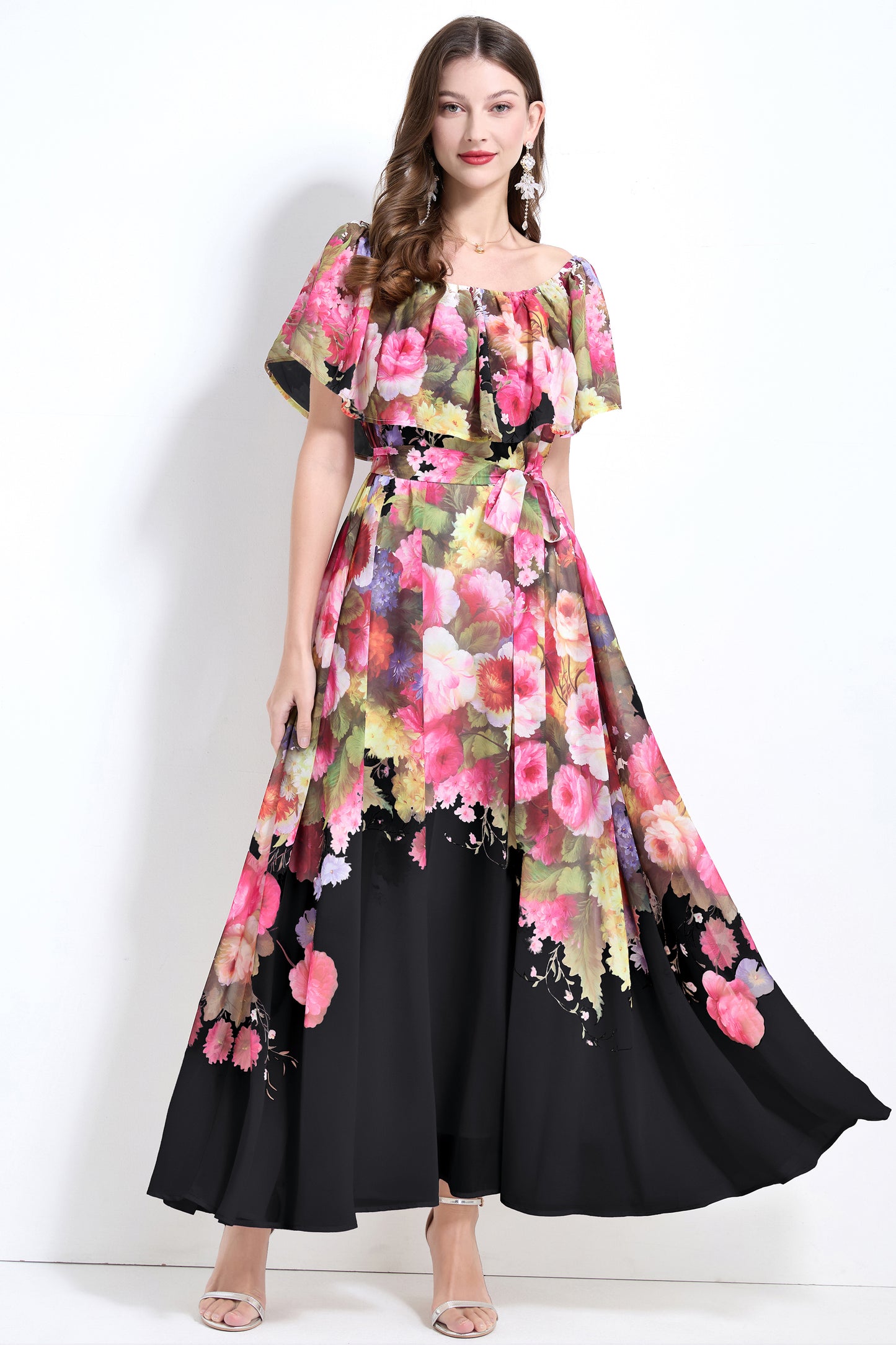 Off The Shoulder Floral Flowy Tied Maxi Dress